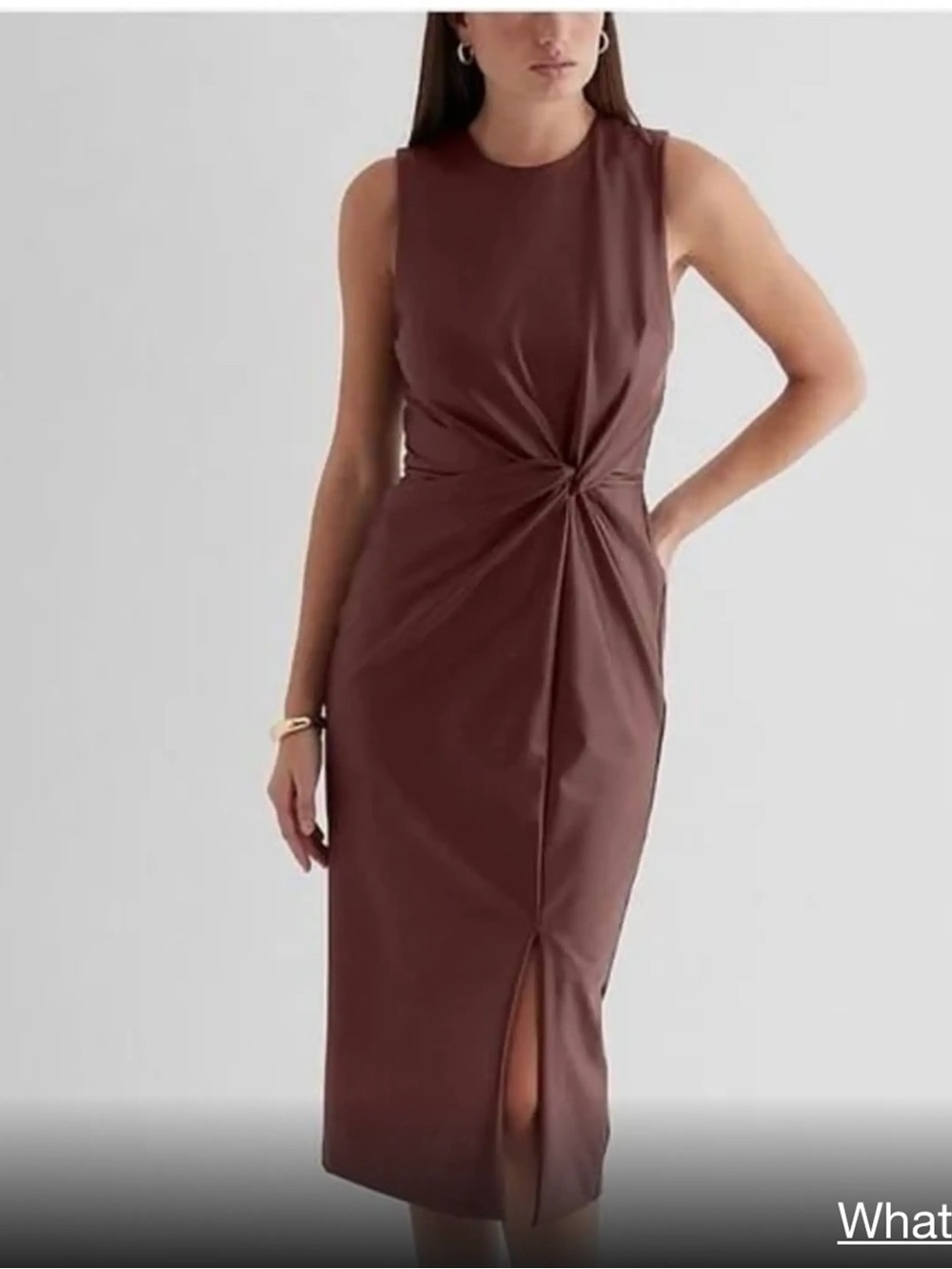 Express Sleeveless Twist-Knot Faux Leather Midi Dress in Brown